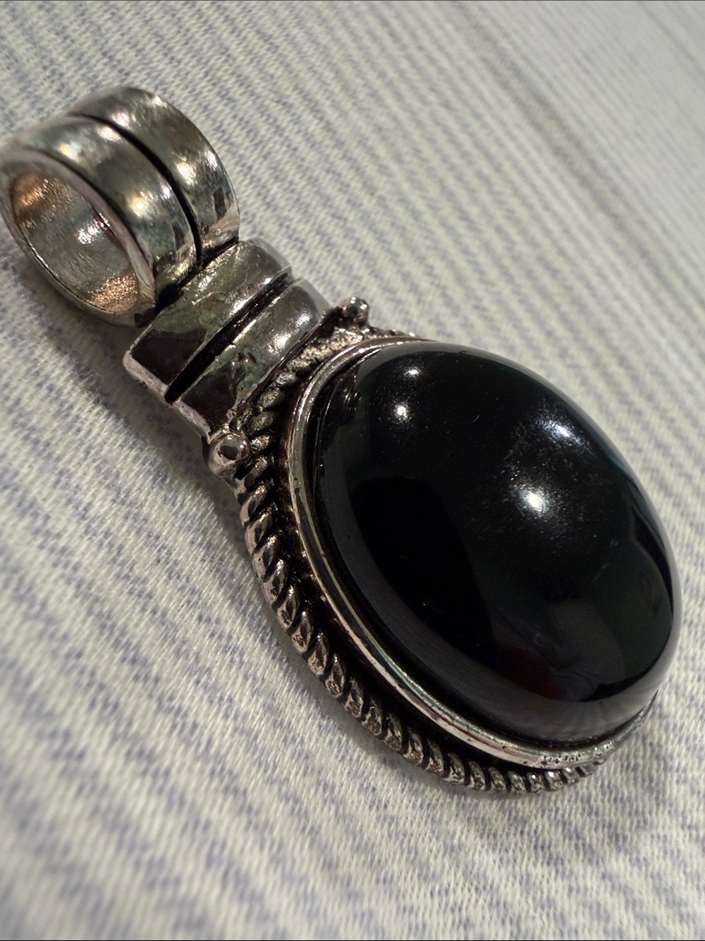 RMN -Silver-Tone Textured Faux Black Onyx Oval Pendant